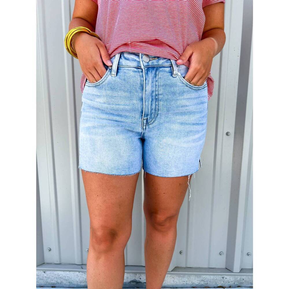 NEW RISEN women's high rise raw cut hem side slit short in light blue